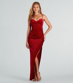 Style 05002-7633 Windsor Red Size 12 Padded Prom Velvet Floor Length Plus Size Side slit Dress on Queenly