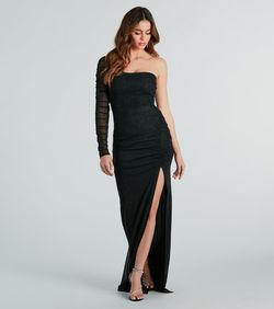 Style 05002-7899 Windsor Black Size 0 One Shoulder Long Sleeve Side slit Dress on Queenly