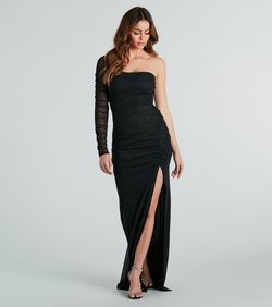 Style 05002-7899 Windsor Black Size 8 One Shoulder Bridesmaid Floor Length Side slit Dress on Queenly