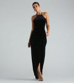 Style 05002-7619 Windsor Black Size 4 Prom High Neck Bridesmaid Side slit Dress on Queenly