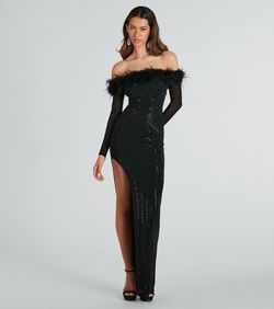 Style 05002-7483 Windsor Black Size 4 Jewelled Feather Side slit Dress on Queenly