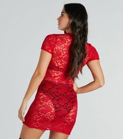 Style 07103-1004 Windsor Red Size 0 Sheer Lace Mini Side slit Dress on Queenly