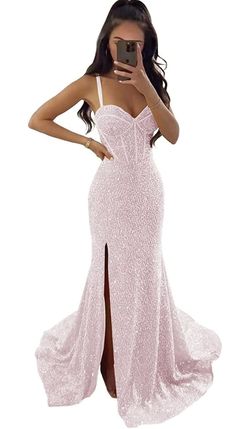 Lavetir Pink Size 4 Plunge Side Slit Polyester Mermaid Dress on Queenly