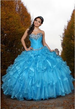 Style 80238 Q by DaVinci Blue Size 8 Quinceañera Pageant Strapless Floor Length Ball gown on Queenly