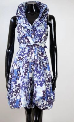 Style 1-2752810408-2901 Samuel Dong Blue Size 8 High Neck Print Cocktail Dress on Queenly