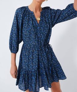 Style 1-2926445032-2696 APIECE APART Blue Size 12 Long Sleeve V Neck Floral Mini Cocktail Dress on Queenly