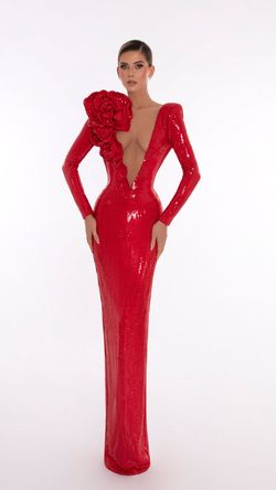 Style AD5605 Albina Dyla Red Size 12 Tall Height Sleeves Side slit Dress on Queenly