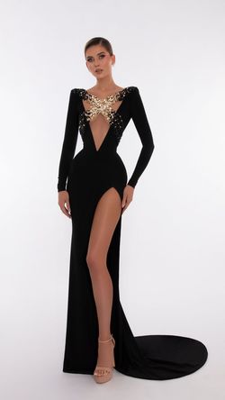 Style AD5615 Albina Dyla Black Tie Size 0 Long Sleeve V Neck Tall Height Side slit Dress on Queenly
