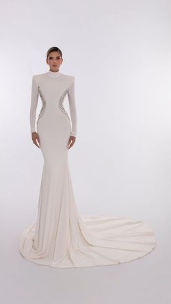 Style AD5606 Albina Dyla White Size 4 Sleeves Floor Length Straight Dress on Queenly
