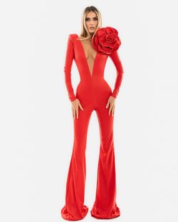 Style AD5411 Albina Dyla Red Size 0 Tulle V Neck Jumpsuit Dress on Queenly