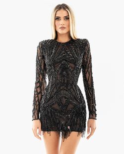 Style AD5416 Albina Dyla Black Size 8 Tall Height Fringe Cocktail Dress on Queenly