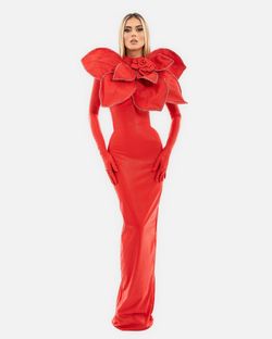 Style AD5410 Albina Dyla Red Size 8 High Neck Straight Ad5410 Floral Side slit Dress on Queenly