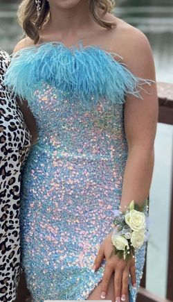 Johnathan Kayne Blue Size 0 Sequined Jersey Custom Feather Side slit Dress on Queenly