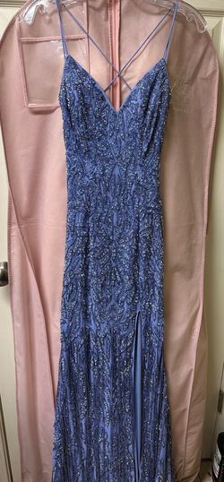 Style 54344 Sherri Hill Blue Size 0 Plunge Jersey Pageant A-line Dress on Queenly