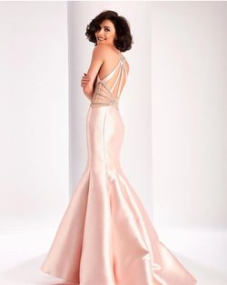 Style 3139 Clarisse Pink Size 4 High Neck Jersey Halter Flare Mermaid Dress on Queenly