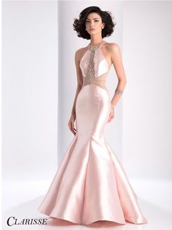 Style 3139 Clarisse Pink Size 4 High Neck Jersey Halter Flare Mermaid Dress on Queenly