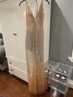 Jovani Nude Size 2 Jersey Floor Length Plunge Side slit Dress on Queenly