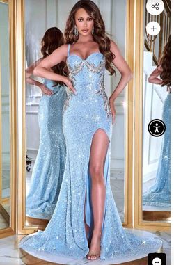 Style PS23422 Portia and Scarlett Blue Size 8 Medium Height Jersey Short Height Mermaid Dress on Queenly
