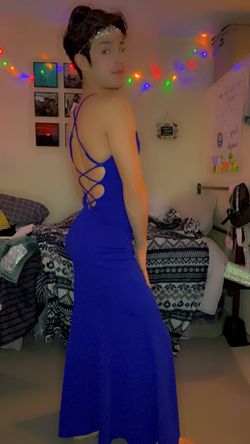 Promgirl Blue Size 4 Plunge Jersey Tall Height Floor Length Side slit Dress on Queenly