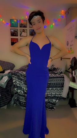 Promgirl Blue Size 4 Floor Length Plunge Tall Height Side slit Dress on Queenly