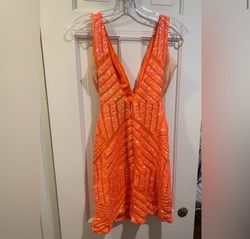 Style 63899 Jovani Orange Size 6 Nightclub Tall Height Plunge 63899 Cocktail Dress on Queenly