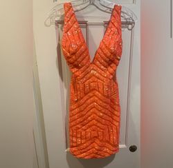 Style 63899 Jovani Orange Size 6 Nightclub Tall Height Plunge 63899 Cocktail Dress on Queenly