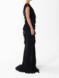 Style 1-1555043972-3236 RONNY KOBO Black Size 4 Polyester Tall Height Plunge Ruffles Side slit Dress on Queenly