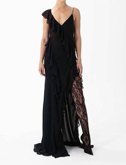 Style 1-1555043972-3236 RONNY KOBO Black Size 4 Polyester Tall Height Plunge Ruffles Side slit Dress on Queenly