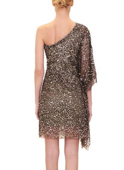 Style 1-3851511122-3680 Reem Acra Brown Size 6 One Shoulder Sequined Free Shipping Cocktail Dress on Queenly