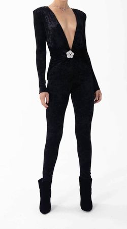 Style 1-4186398400-3855 RONNY KOBO Black Size 0 Padded Plunge Velvet Jumpsuit Dress on Queenly