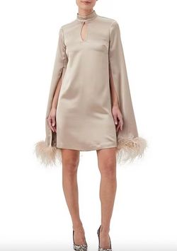 Style 1-919448950-2168 Trina Turk Gold Size 8 Sorority Rush Satin Sleeves Feather Cocktail Dress on Queenly