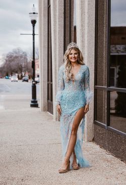 Jovani Light Blue Size 0 Plunge Prom Feather Side slit Dress on Queenly