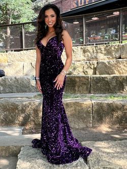 Style 54887 Sherri Hill Purple Size 0 Mermaid Jersey A-line Dress on Queenly