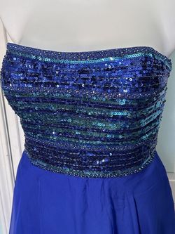 Style 17-259 Madison James Blue Size 20 Prom Strapless A-line Dress on Queenly