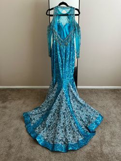 Style 18147 Envious Couture Blue Size 8 Long Sleeve 18147 Pageant Floor Length Mermaid Dress on Queenly