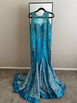 Style 18147 Envious Couture Blue Size 8 Long Sleeve 18147 Pageant Floor Length Mermaid Dress on Queenly