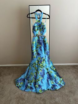 Style 3050RX Val Stefani Blue Size 8 3050rx Jersey Floral Military Mermaid Dress on Queenly