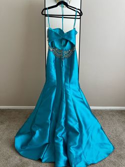 Style 3056RX Val Stefani Blue Size 6 Strapless Jersey Military Turquoise Mermaid Dress on Queenly