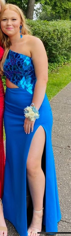 Style 54948 Sherri Hill Blue Size 6 Cut Out Prom Side slit Dress on Queenly