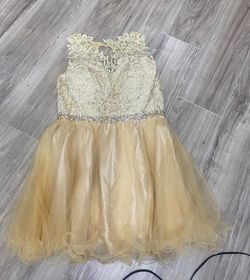 Style GS2375 Champagne GLS Gold Size 10 Lace Military Tulle Floor Length Straight Dress on Queenly