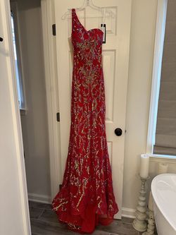 Jovani Red Size 8 Metallic One Shoulder Mermaid Dress on Queenly