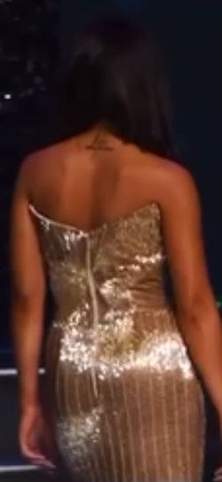 Ashley Lauren Gold Size 2 Strapless Medium Height Liquid Beaded A-line Dress on Queenly