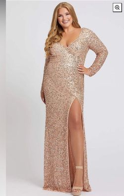 Mac Duggal Gold Size 16 Sequined Plus Size Sleeves A-line Dress on Queenly