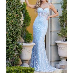 Style Light Blue Butterfly Corset Sequined Sweetheart Formal Prom Mermaid Dress Adora Blue Size 4 Spaghetti Strap Jewelled Sweetheart Corset Mermaid Dress on Queenly