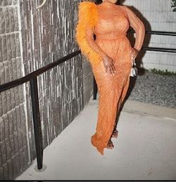 MINNA FASHION Orange Size 10 Sheer Feather Straight Side slit Dress on Queenly
