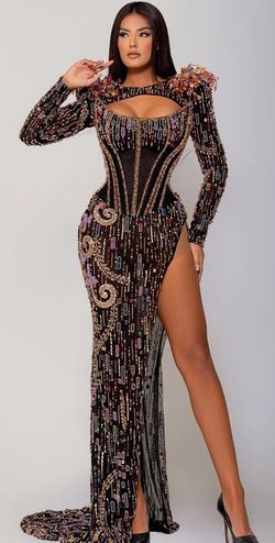Blini Black Size 12 Embroidery Long Sleeve Custom Floor Length A-line Dress on Queenly