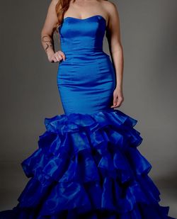 Rachel Allan Blue Size 4 Medium Height Ruffles Floor Length Mermaid Dress on Queenly