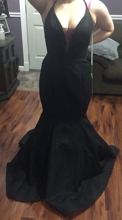 Style BW120077 Mon Cheri Black Size 8 Plunge Jersey Pageant Mermaid Dress on Queenly