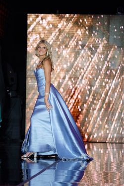 La Femme Blue Size 4 Pageant Shiny Strapless Floor Length Ball gown on Queenly