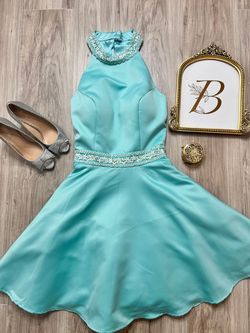 Style 9445 MoriLee Blue Size 10 9445 Turquoise High Neck A-line Dress on Queenly